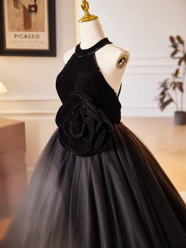 Charmant Noire Perlage Appliques Robe De Bal 2024 Robe Boule Titulaire Sans Manches Dos Nu Train De Balayage Robe De Ceremonie
