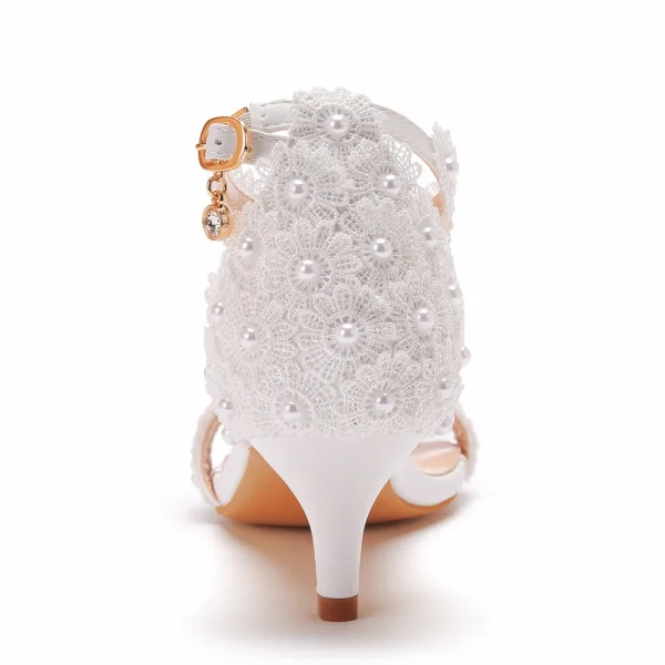 Sexy White Pearl Lace Flower Wedding Shoes 2023 Ankle Strap 5 cm Stiletto Heels Open / Peep Toe Wedding Sandals High Heels