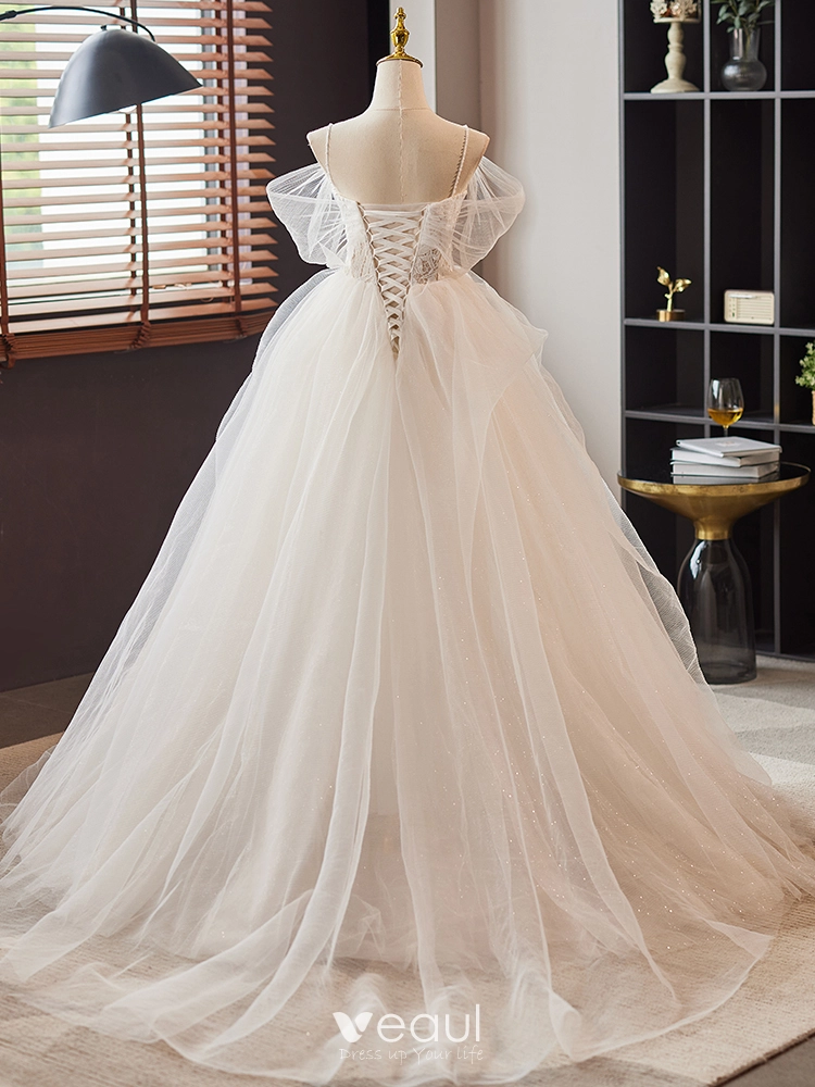 Tulle Spagehtti Straps Backless Ruffles White Wedding Dress Tulle Spagehtti Straps Backless Ruffles White Wedding Dress