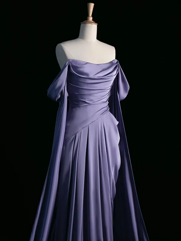Sexy Lavender Satin Evening Dresses Prom Dresses 2024 Trumpet / Mermaid Off-The-Shoulder Sleeveless Backless Sweep Train Formal Dresses