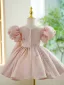 Chic / Beautiful Blushing Pink Beading Pearl Birthday Flower Girl Dresses 2023 Ball Gown Scoop Neck Puffy Short Sleeve Short