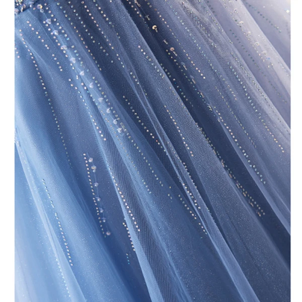 Simple Bleu Ciel Perlage Paillettes Robe De Bal 2023 Princesse Encolure Carrée Manches Courtes Dos Nu Longue Promo Robe De Ceremonie