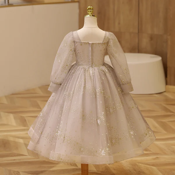 Sparkly Gold Beading Star Sequins Birthday Flower Girl Dresses 2023 Ball Gown Square Neckline 3/4 Sleeve Backless Floor-Length / Long Flower Girl Dresses