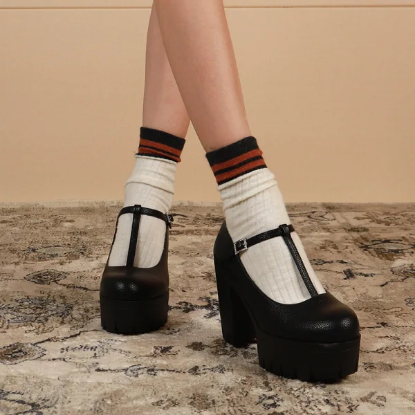 Fashion White Street Wear Waterproof Womens Shoes 2023 10 cm Thick Heels T-Strap Round Toe Womens Shoes