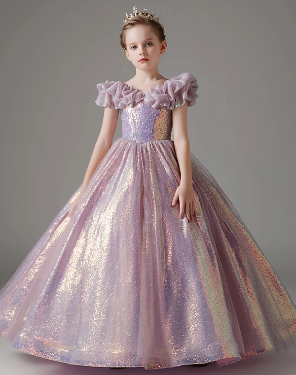 Chic / Beautiful Lavender Glitter Sequins Birthday Flower Girl Dresses 2023 Ball Gown Ruffle Off-The-Shoulder Short Sleeve Floor-Length / Long