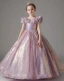 Chic / Beautiful Lavender Glitter Sequins Birthday Flower Girl Dresses 2023 Ball Gown Ruffle Off-The-Shoulder Short Sleeve Floor-Length / Long