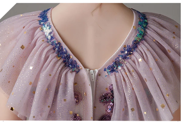 Fashion Lavender Short Sequins Birthday Flower Girl Dresses 2023 V-Neck Short Sleeve Backless Zipper Up