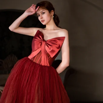 Mode Rouge Robe De Bal 2022 Princesse Bustier Noeud Sans Manches Dos Nu Longue Robe De Ceremonie