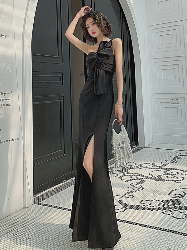Sexy Schwarz Gespaltete Front Abendkleider 2022 Meerjungfrau One-Shoulder Schleife Ärmellos Rückenfreies Lange Abend Festliche Kleider
