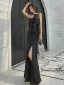 Sexy Schwarz Gespaltete Front Abendkleider 2022 Meerjungfrau One-Shoulder Schleife Ärmellos Rückenfreies Lange Abend Festliche Kleider