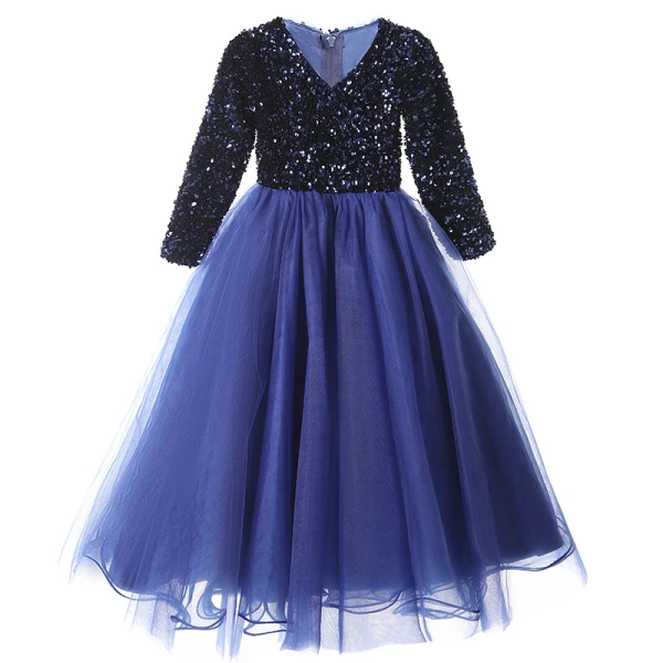 Vintage / Retro Navy Blue Sequins Flower Girl Dresses 2022 Ball Gown V-Neck Long Sleeve Floor-Length / Long Prom Flower Girl Dresses
