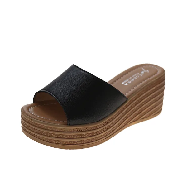 Schlicht Schwarz Freizeit Sommer Strand Sandalen Damen 2023 7 cm Keilabsatz Peeptoes Sandaletten