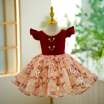 Chic Beautiful Burgundy Pearl Sequins Short Flower Girl Dresses 2023 Ball Gown Birthday Scoop Neck Sleeveless Backless