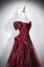 Chic / Beautiful Burgundy Prom Dresses 2026 A-Line / Princess Off-The-Shoulder Puffy Short Sleeve Backless Floor-Length / Long Formal Dresses
