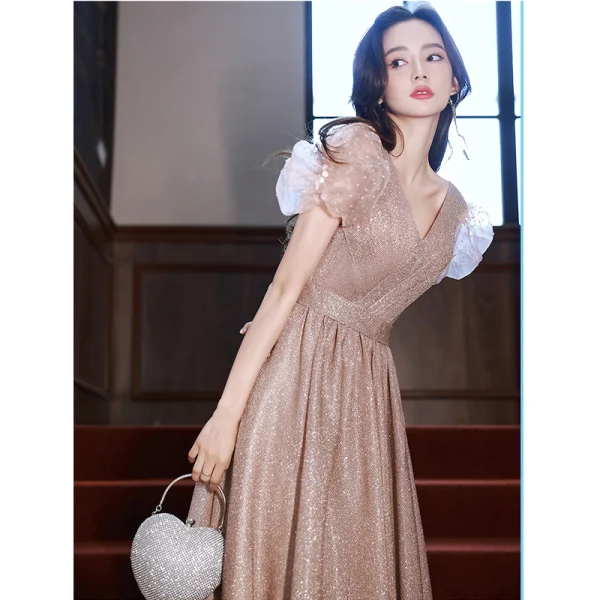Chic / Belle Rose Sombre Glitter Robe De Bal 2022 Princesse V-Cou Gonflée Manches Courtes Dos Nu Longue Promo Robe De Ceremonie