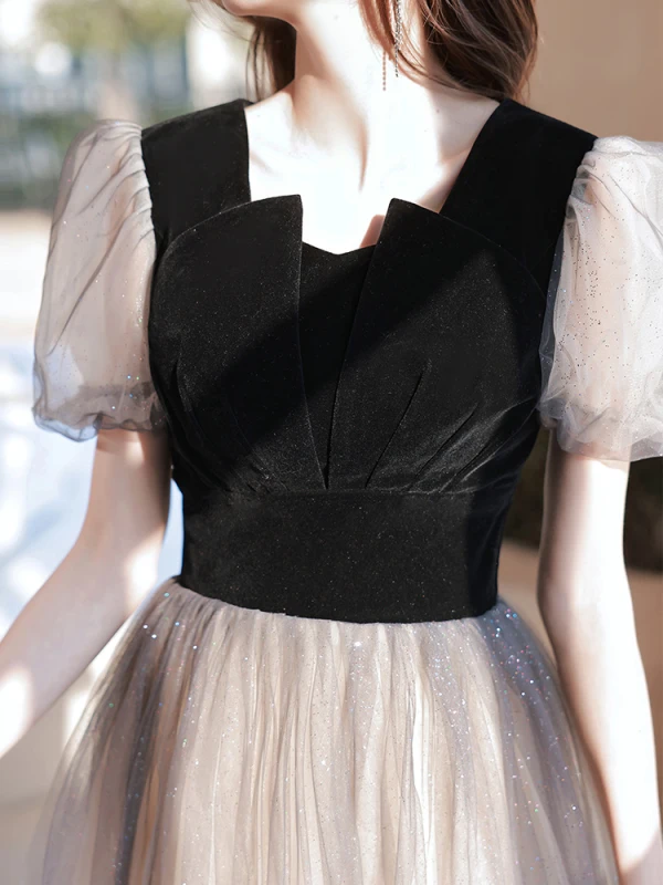 Chic / Beautiful Black Sequins Prom Dresses 2022 A-Line / Princess Square Neckline Short Sleeve Floor-Length / Long Prom Prom Dresses