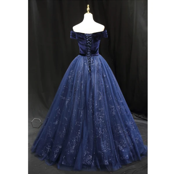 Vintage / Retro Navy Blue Sequins Prom Dresses 2023 Ball Gown Off-The-Shoulder Sleeveless Backless Floor-Length / Long Prom Formal Dresses
