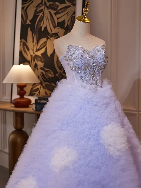 Sexy Lavande Perlage Paillettes Faux Diamant Plissée Robe De Bal 2024 Robe Boule Bustier Sans Manches Dos Nu Longue Promo Robe De Ceremonie
