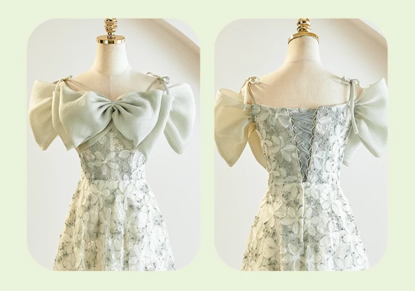 Chic / Beautiful Sage Green Flower Bridesmaid Dresses 2023 A-Line / Princess Puffy Short Sleeve Backless Tea-length Bridesmaid Dresses