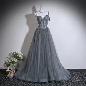 Chic Belle Gris Perlage Paillettes Robe De Bal 2026 Princesse Bretelles Spaghetti Sans Manches Dos Nu Train De Balayage Promo Robe De Ceremonie