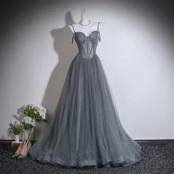 Chic Beautiful Grey Beading Sequins Prom Dresses 2026 A Line Princess Spaghetti Straps Sleeveless Backless Sweep Train Prom Formal Dresses