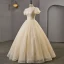 Charming Bling Bling Champagne Prom Dresses 2023 Ball Gown Scoop Neck Beading Bow Sequins Short Sleeve Backless Floor-Length / Long Prom Formal Dresses