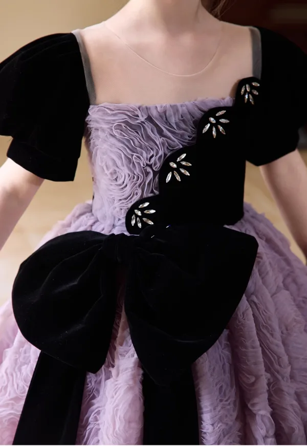 Chic / Beautiful Lavender Bow Ruffle Birthday Flower Girl Dresses 2025 Ball Gown Scoop Neck Short Sleeve Backless Floor-Length / Long