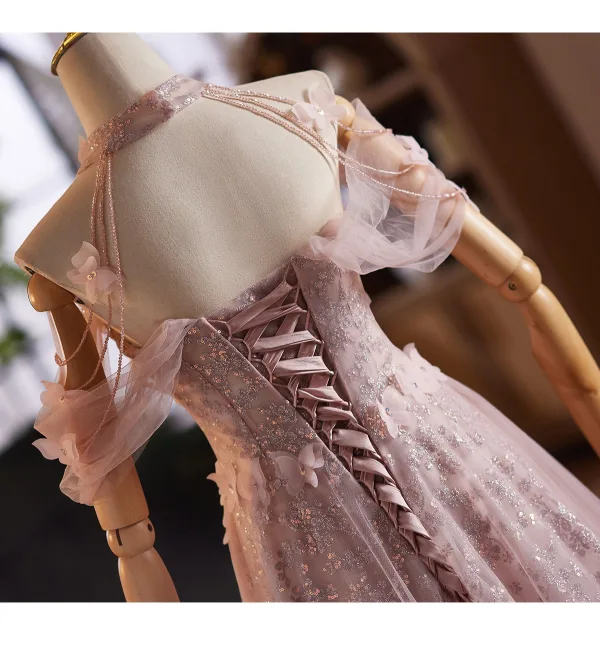 Flower Fairy Blushing Pink Beading Sequins Butterfly Appliques Prom Dresses 2025 A-Line / Princess High Neck Sleeveless Backless Floor-Length / Long Formal Dresses