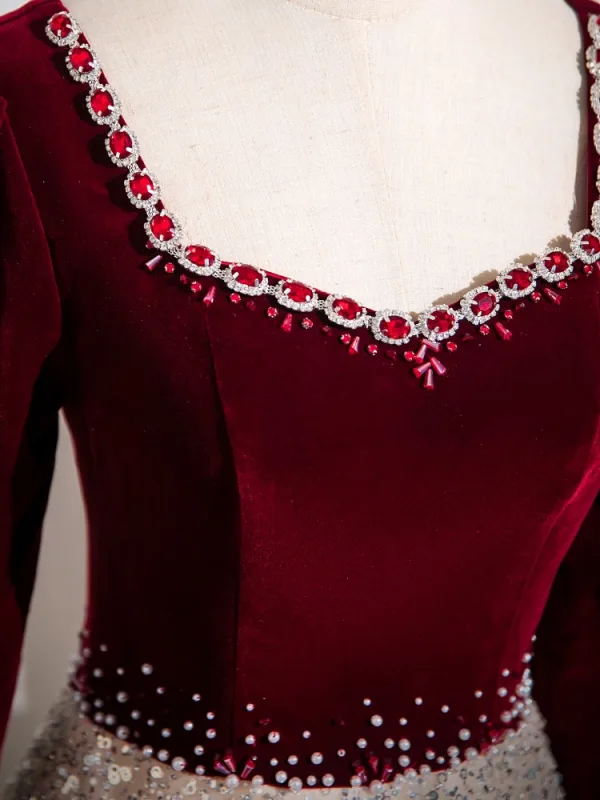 Chic / Belle Bordeaux Faux Diamant Paillettes Robe De Bal 2024 Princesse Encolure Carrée Manches Longues Longue Promo Robe De Ceremonie