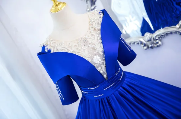 Vintage / Retro Royal Blue Beading Rhinestone Sequins Prom Dresses 2024 Organza Ball Gown Scoop Neck Short Sleeve Floor-Length / Long Prom Formal Dresses