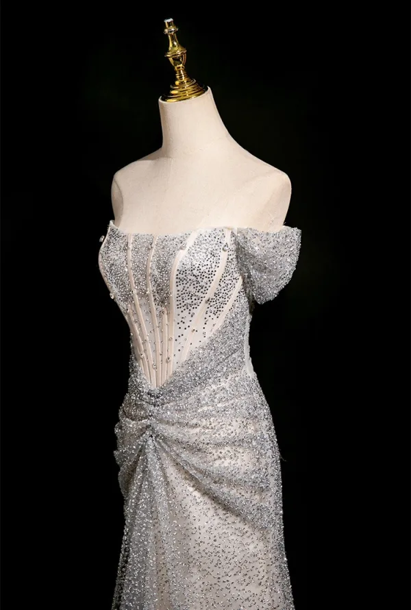 Charming Sparkly Silver Handmade Beading Sequins Evening Dresses 2025 Trumpet / Mermaid Off-The-Shoulder Short Sleeve Backless Floor-Length / Long Evening Party Formal Dresses