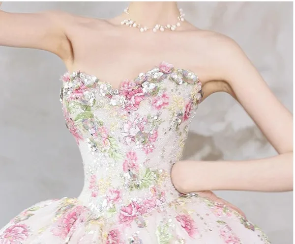 Flower Fairy Bling Bling White Sequins Flower Wedding Dresses 2025 Ball Gown Strapless Sleeveless Backless Floor-Length / Long Tulle
