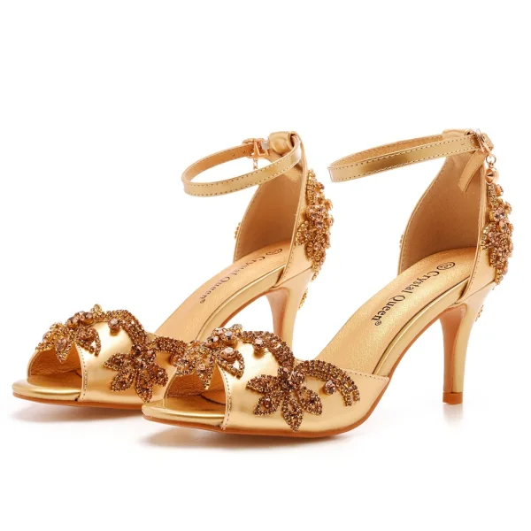 Charming Gold Rhinestone Evening Party Womens Sandals 2023 T-Strap 7 cm Stiletto Heels Open / Peep Toe Sandals High Heels
