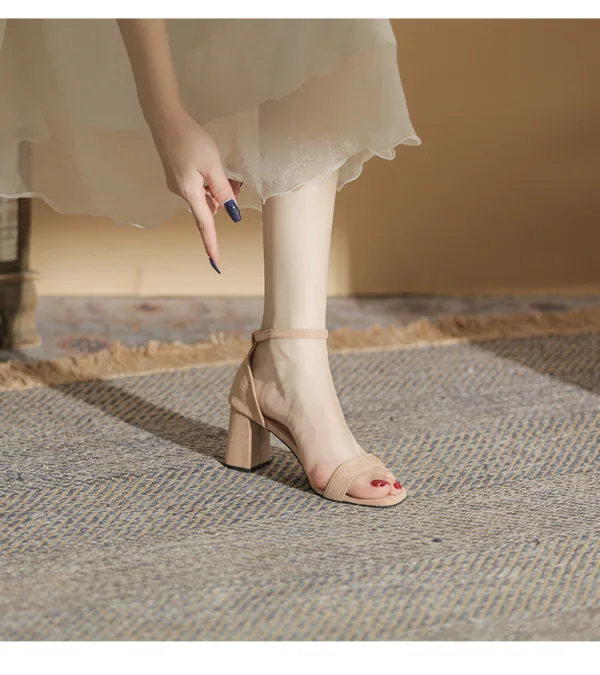 Simple Noire Été Désinvolte Daim Sandales Femme 2022 Bride Cheville 7 cm Talons Épais Peep Toes / Bout Ouvert Sandales Talons Hauts