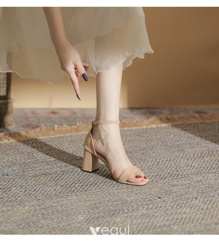 Modest / Simple Black Summer Casual Suede Womens Sandals 2022 Ankle Strap 7  cm Thick Heels Open /