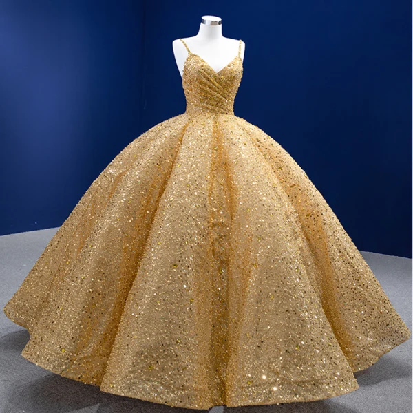 High-end Gold Handmade  Beading Pearl Sequins Prom Dresses 2022 Ball Gown Spaghetti Straps Sleeveless Backless Floor-Length / Long Prom Formal Dresses
