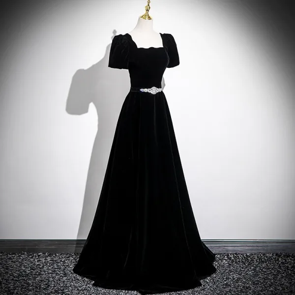 Chic / Beautiful Black Rhinestone Velvet Evening Dresses 2025 A-Line /  Princess Square Neckline Short Sleeve Backless Floor-Length / Long Evening  Party Formal Dresses