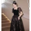 Chic / Beautiful Black Beading Pearl Sequins Evening Dresses 2023 A-Line / Princess Square Neckline Short Sleeve Backless Floor-Length / Long Evening Party Formal Dresses