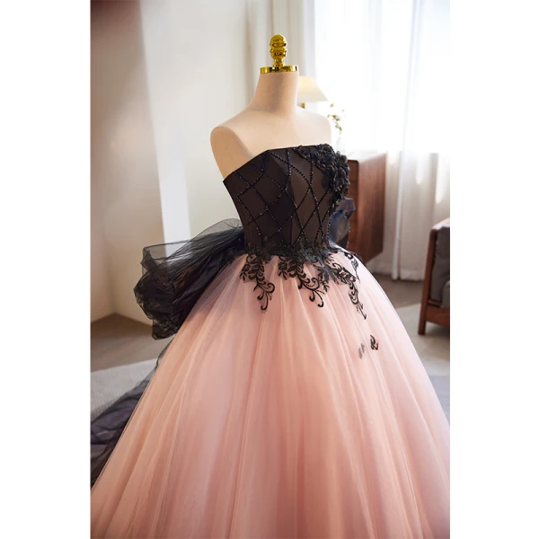Chic / Beautiful Blushing Pink Beading Appliques Prom Dresses 2023 Ball Gown Strapless Sleeveless Backless Bow Floor-Length / Long Formal Dresses