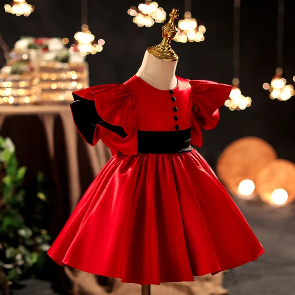 Chic / Beautiful Red Satin Short Prom Flower Girl Dresses 2022 Ball Gown Scoop Neck Sash Bell sleeves Flower Girl Dresses