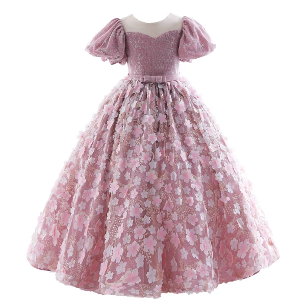 Lovely Candy Pink Glitter Lace Flower Appliques Flower Girl Dresses 2024 Ball Gown Birthday Scoop Neck Puffy Short Sleeve Floor-Length / Long