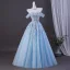 Voluminös Himmelblau Perlenstickerei Pailletten Applikationen Ballkleider 2026 Ballkleid Off Shoulder Kurze Ärmel Rückenfreies