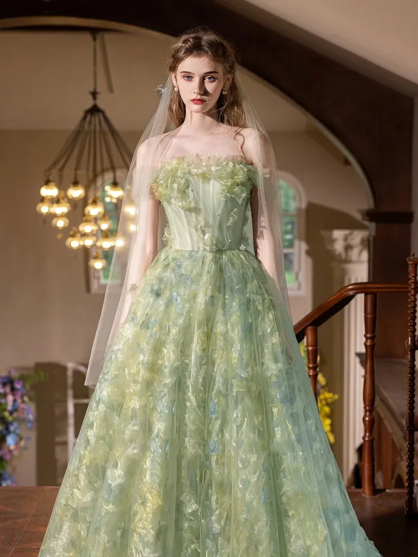 Flower Fairy Sage Green Appliques A-Line / Princess Prom Dresses 2025 Strapless Sleeveless Backless Floor-Length / Flower Fairy Sage Green Appliques A-Line / Princess Prom Dresses 2025 Strapless Sleeveless Backless Floor-Length /
