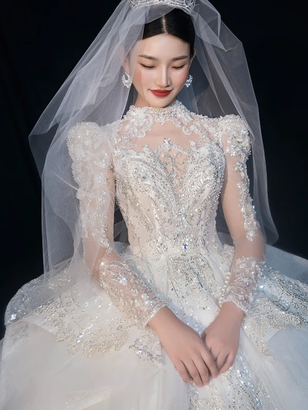 Luxury / Gorgeous White Beading Rhinestone Sequins Wedding Dresses 2024 Ball Gown High Neck Long Sleeve Backless Royal Train Wedding