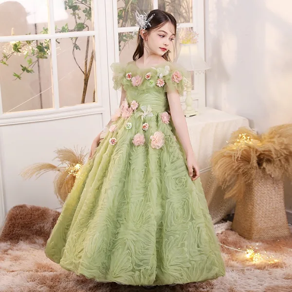 Flower Fairy Sage Green Appliques Birthday Flower Girl Dresses 2024 Ball Gown Scoop Neck Short Sleeve Backless Floor-Length / Long Tulle Flower Girl Dresses