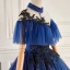 Vintage / Retro Navy Blue Beading Sequins Lace Flower Prom Dresses 2023 Ball Gown High Neck Short Sleeve Backless Floor-Length / Long Prom Formal Dresses