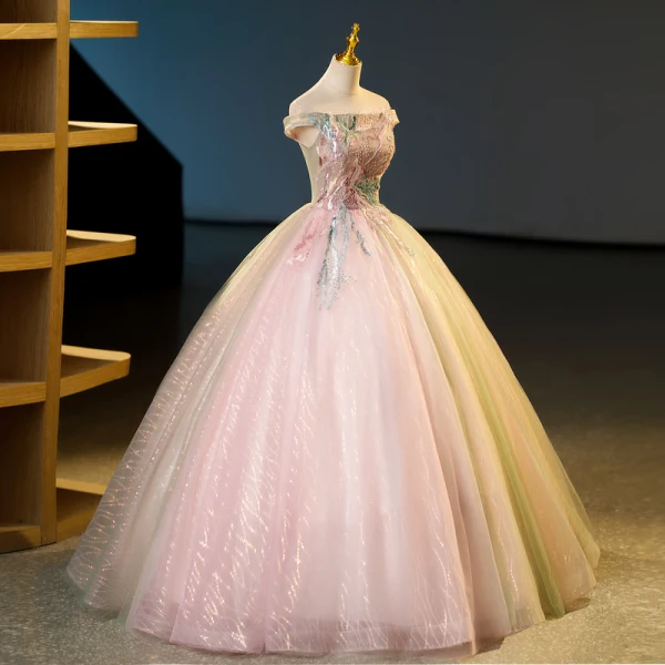 Élégant Rougissant Rose Perlage Paillettes En Dentelle Fleur Robe De Bal 2023 Robe Boule De l'épaule Sans Manches Dos Nu Longue Robe De Bal
