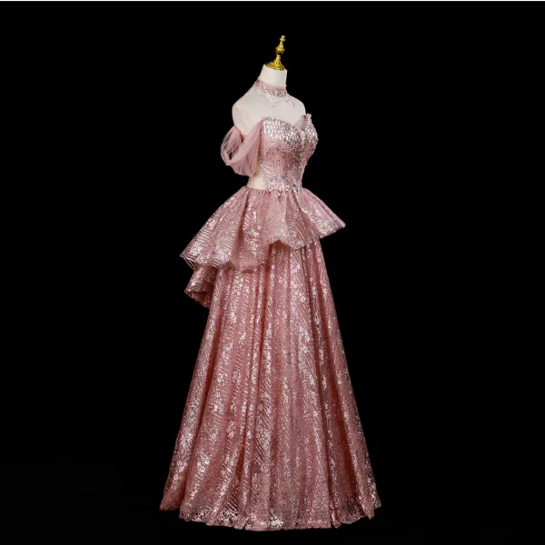 Glitzernden Sexy Pink Perlenstickerei Strass Pailletten Abendkleider 2025 A Linie Off Shoulder Kurze Ärmel Rückenfreies Lange Festliche Kleider