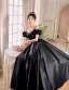 Audrey Hepburn Style Black Satin Prom Dresses 2025 A-Line / Princess Off-The-Shoulder Short Sleeve Backless Floor-Length / Long Prom Formal Dresses