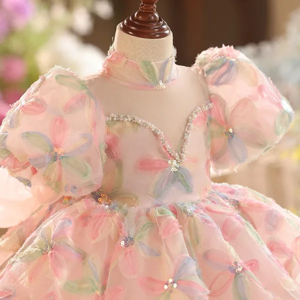 Chic / Beautiful Blushing Pink Beading Pearl Sequins Birthday Flower Girl Dresses 2025 Ball Gown High Neck Puffy Short Sleeve Bow Short